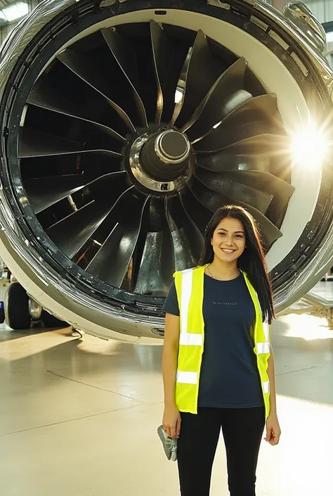 A hyper-realistic scene captures a young woman standing casually next to a massive airplane engine inside a spotless, brightly illuminated industrial hangar. The engine, a masterpiece of engineering, dominates the frame with its intricately detailed polish...