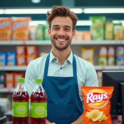 A cheerful male cashier with brown hair, wearing a blue apron, stands behind a cash register in a brightly lit convenience store. Shelves filled with colorful products are visible in the background. In front of him are two bottles of Fizzy Cola and a bag o...