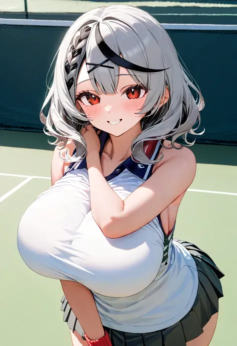 ( top quality  , 8k , masterpiece ),  girl  , young , 1 person , sakamata chloe ,  hololive  , Silver Hair , Big Breasts , smile ,  like heaven ,  red cheeks  , A rich variety of skin tones  , ( tennis uniform, white shirt, pleated skirt :1.2) , ( huge bre...