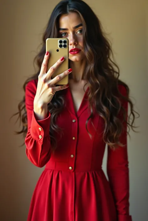 araffe woman in red dress taking a selfie in a mirror, a picture by Amelia Peláez, instagram, tachisme, 18 years old, 19-year-old girl, long hair and red shirt, 1 , around 20 yo, 1 , 2 , looks like fabiula nascimento