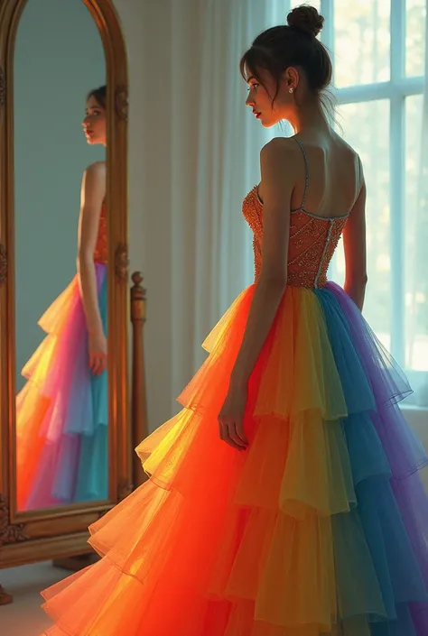 A girl wearing beautiful rainbow colour gown and taking mirror selfie