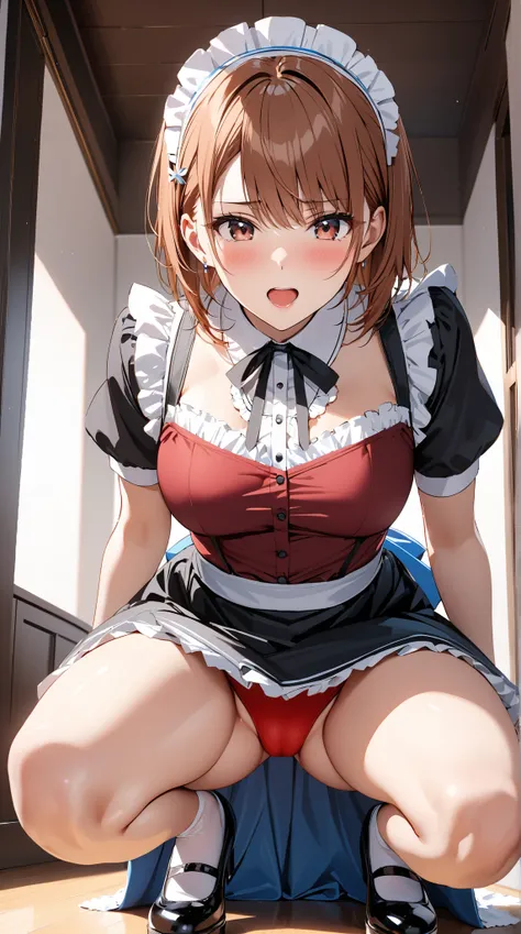  maid clothes,  long skirt, blush, Ecstasy face,  red underwear,  low angle,  squats,  open leg , (Misaka Mikoto), masterpiece:1.5, masterpiece, highest quality, UHD, retina, masterpiece, accurate anatomy, super detailed, high quality, best quality, 8k