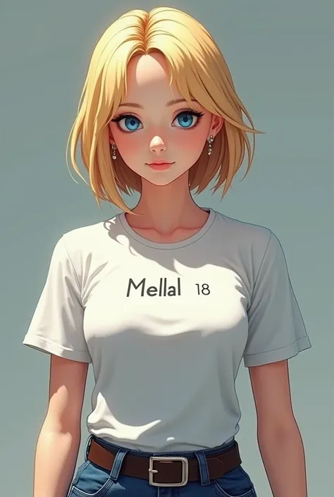 (masterpiece, best quality), ,android18,with a white t shirt written on it the word "mellal, earrings, denim, belt upper body, focus face, perfect face, Emily Rudd.