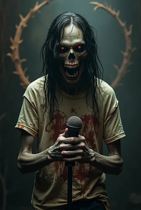 A photo of a retarded death metal zombie. The zombie is wearing a death metal t-shirt and has long, dark hair. The zombie is holding a microphone. The background is dark and has the bands logo.