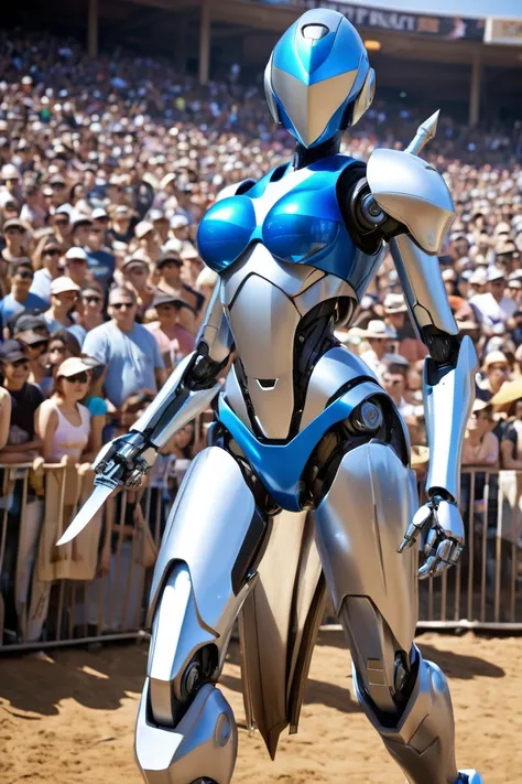 (female (Robot (holding sword))), robot face, glossy robot skin, blue bikini armor, Robot elbow, robot knee, robot groin, robot ankle, robot wrist, covered breasts, small waist, big hip, action pose, cowboy shot, in crowded arena, daylight