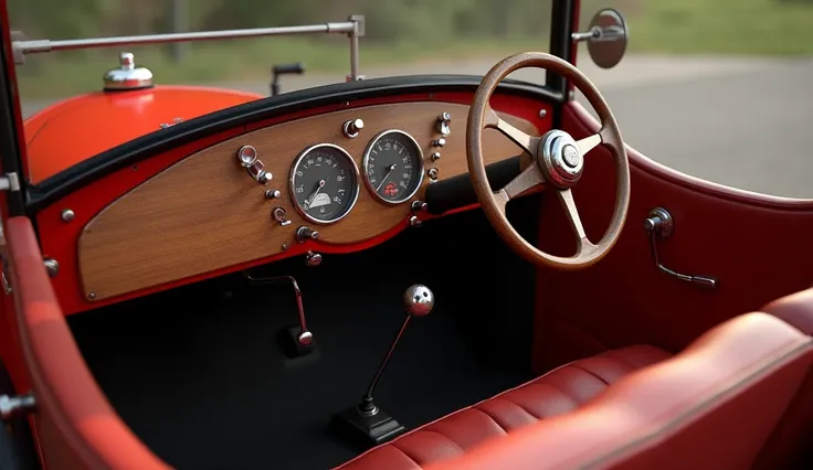 "Generate an ultra-detailed, photorealistic 3D render showcasing the full dashboard interior of the Ford Model T in Tuscan Red, capturing the essence of its vintage charm. Highlight the authentic woodgrain dashboard, classic steering wheel design, and mini...