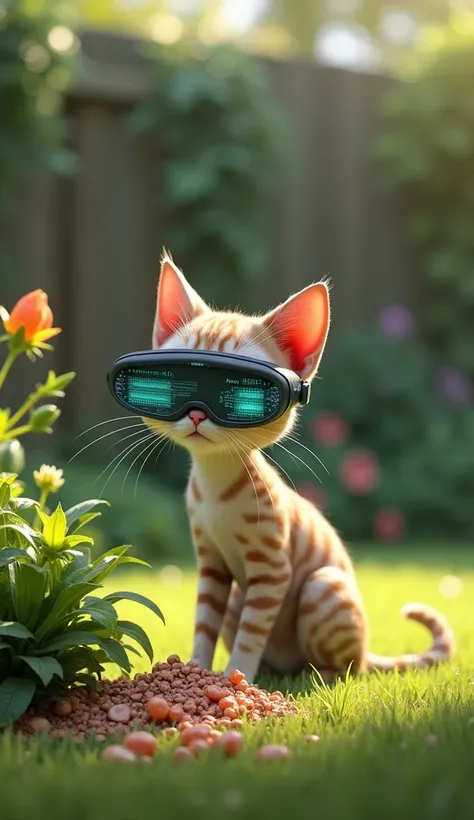 [Scene: Backyard. Whiskers finds a pile of fish crumbs near a bush. She uses the AI glasses to scan.]