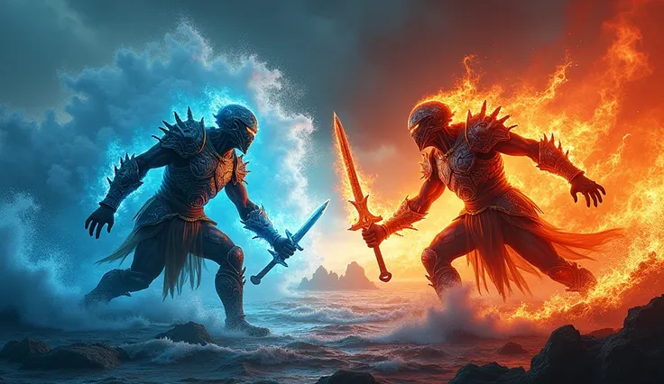 A surreal and dramatic scene depicting warriors from the ocean kingdom and the fire kingdom locked in fierce combat. The ocean warriors are encased in armor resembling fish scales, glowing with bioluminescent blues, wielding weapons forged from coral and p...