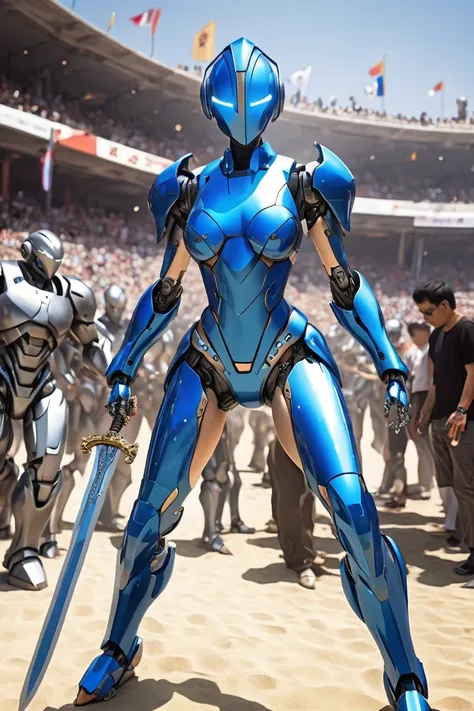 (female (Robot (holding sword))), robot face, glossy robot skin, blue bikini armor, Robot elbow, robot knee, robot groin, robot ankle, robot wrist, covered breasts, small waist, big hip, action pose, full body shot, in crowded arena, daylight