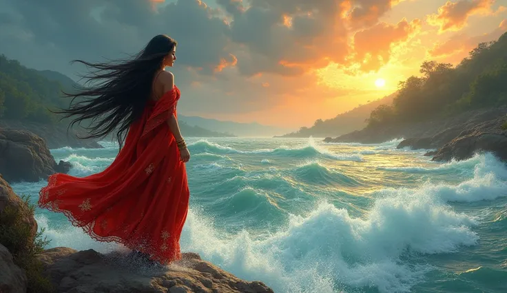 "Illustrate a stunning Indian woman in full red dress.standing on the bank of a roaring river under a dramatic sky. On the other side of the river lies a land glowing with peace and beauty, representing life’s most valuable treasures. Her long hair flows i...