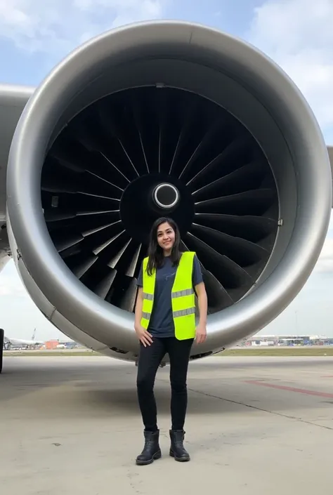 A photorealistic scene captures a young Turkish woman standing outdoors next to a colossal airplane engine placed on the tarmac of an expansive airfield. The engine, a towering marvel of aviation engineering, is scaled proportionally to emphasize its immen...