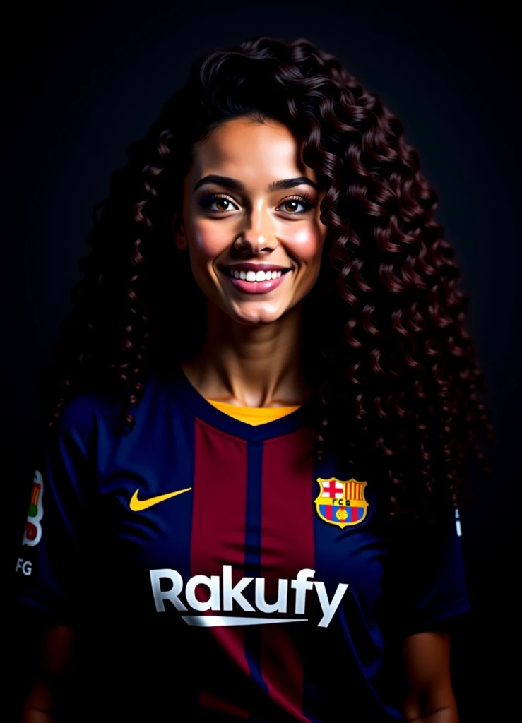 ( masterpiece,black background :1.5) , 8k , (atmospheric depth:1.2) , (vivid illuminlation:1.2) , (enchanting elegance:1.2) , The image shows a woman with long, dark curly hair wearing a Barcelona FC jersey with the Spotify logo on it. She appears to be lo...