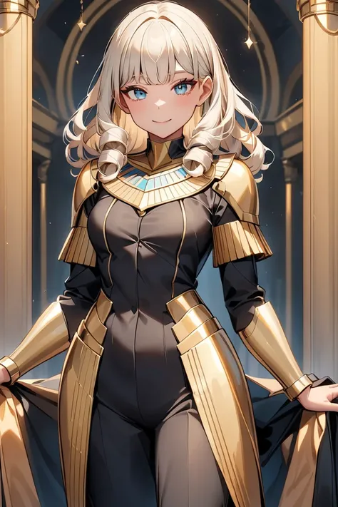  A tanned girl with long , curly ,  platinum blonde and turquoise eyes to your clothes,  in a black jumpsuit with gold accents ,  to look like robotic armor,  the suit itself should be in Egyptian style , like the pharaohs , add more gold inserts 