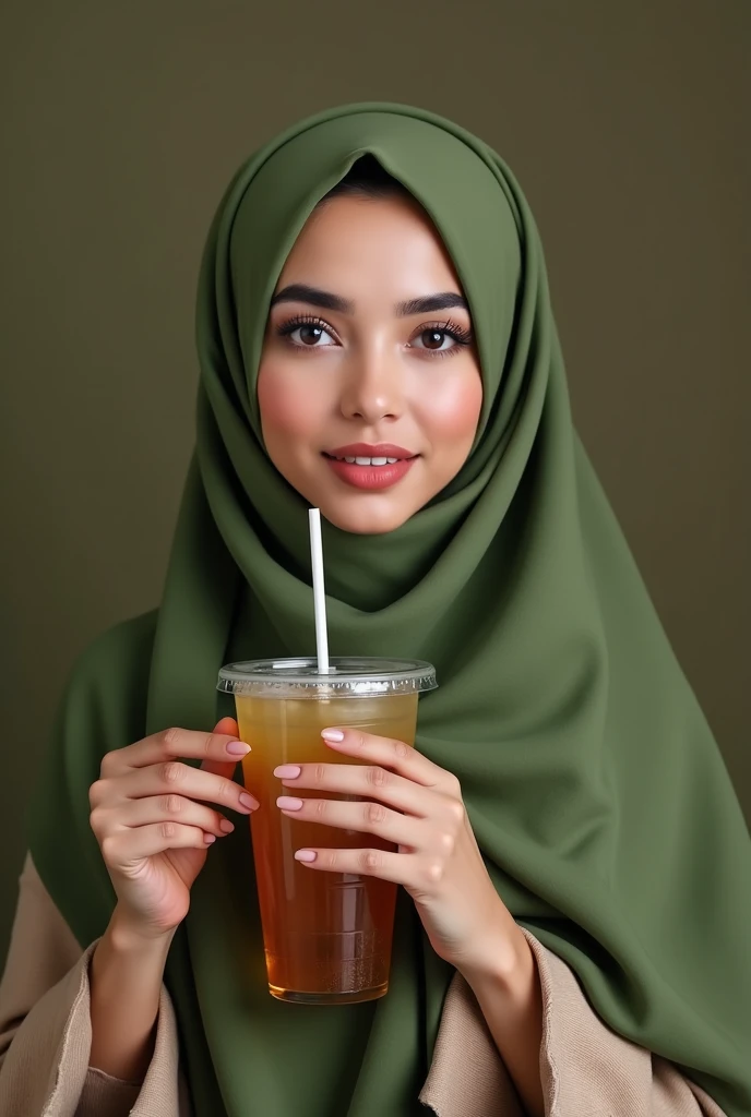 woman wearing a green scarf holding a drink and a straw, a picture inspired by Naza, instagram, hurufiyya, hijab, malaysian, dilraba dilmurat, headshot profile picture, olive green, shawl, white hijab, olive, portait photo profile picture, scarf, head scar...