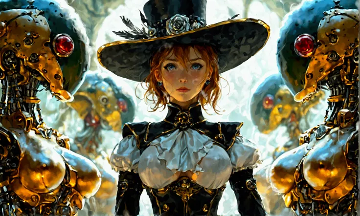 A cute woman (cute, age 25, sexy steam punk warrior, top hat, corset barely containing breasts, tight shorts, lots of clockwork and steam driven items) battling alien robot rape gladiators (lots of scary clothes tearing weaponry, very mechanical, gladiator...