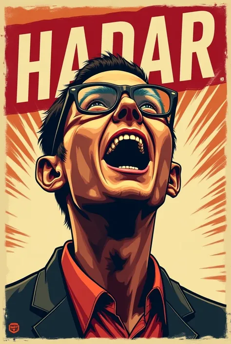 Create me a propaganda poster about steven (a skinny guy with glasses) yelling his name is hadar in big letters 