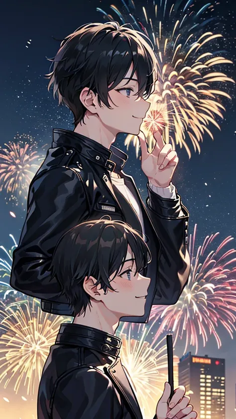   top quality 、Man looking up at the sky、smile、  profile 、Shinjuku New Year Countdown Party、Fireworks in the night sky、   black leather jacket、  black hair、1 male