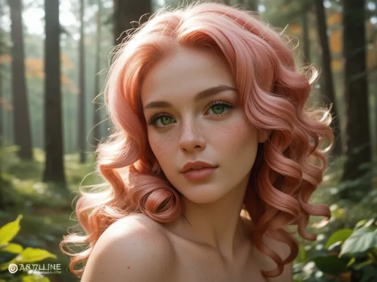 Bright, strawberry blonde-haired, with freckles. 30 year old 38 inch bustline anf full lips , green eyes,The sun, the autumn forest, fantastic beauty. Curls. full naked,sexy, photography 8K resolution image, translucent and ethereal.