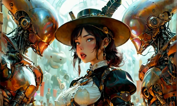 A cute woman (cute, age 25, sexy steam punk warrior, top hat, corset barely containing breasts, tight shorts, lots of clockwork and steam driven items) battling alien robot rape gladiators (lots of scary clothes tearing weaponry, very mechanical, gladiator...