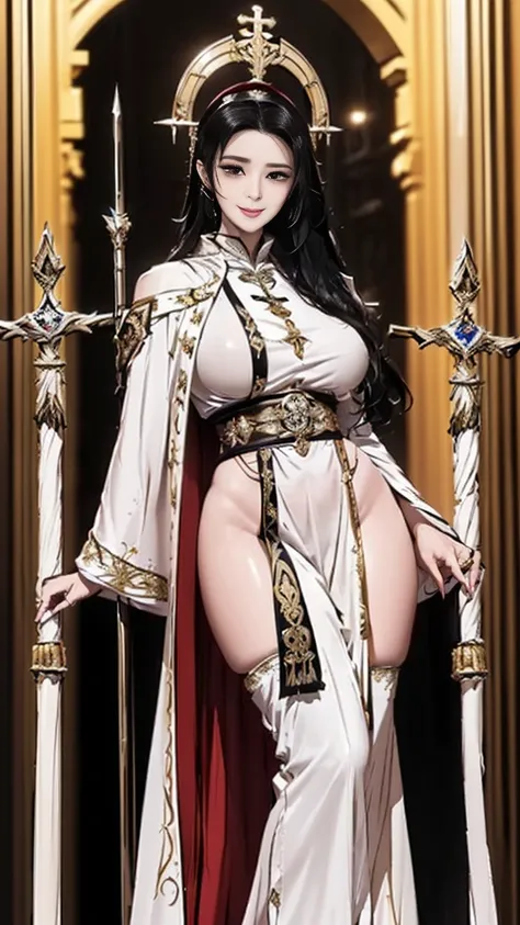 (best quality:2.0), (extremely detailed:2.0), (highly detailed:2.0),(Viola, the high priestess of the temple, wearing a solemn priestly robe adorned with intricate sacred symbols, exuding both divinity and authority as a high-ranking priestess of the templ...