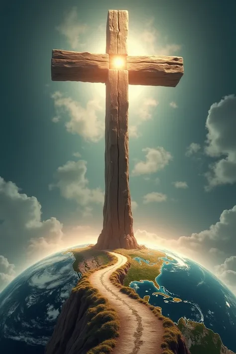 A giant wooden cross, suspended over the globe world that has light beaming from the center of it,  a road from bottom south pole going up to the top north pole..