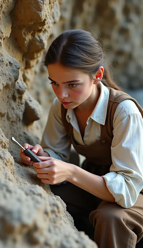 "Mary Anning, a young woman with determined eyes, intensely scanning the rocky cliffs in an ultra-realistic 8K close-up. She holds a small chisel and hammer, her hands dusty from meticulous work. The jagged rocks around her reveal intricate layers of sedim...