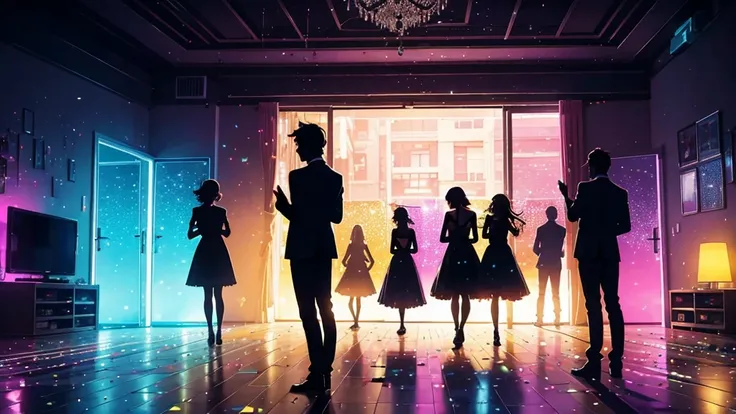 20 silhouette people standing partying in living room, detailed, alcohol, confettii on floor, lights, no windows, happy atmosphere