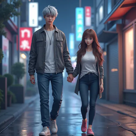 (PhotoRealism1.2), character 1: korean guy, silver haired, blue eyes, grey jacket, white shitt, blue clean jeans, white shoes. Character 2: korean girl, brown long hair, blue eyes, big breasts, white short shirt, dark jeans, pink shoes, walking, holding ha...