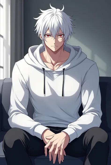 Anime adult boy, cold ekspression, cool, big body, white hair, white pale skin, red eyes, wearing white hoodie, sitting at couch. 