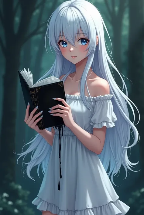  Create a picture of a young white woman in dark fantasy anime style, 18 years old,  slim and dainty .  She looks innocent and curious ,  but also hides a secret .  She has long white hair ,  white eyebrows and white eyelashes , Plus blue eyes .  She wears...