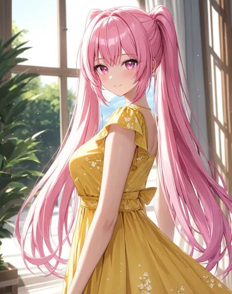 1girl, solo, Pink Shine Bright Hair, hair between eyes, Long hair, twintails, aesthetic detailed eyes, (Pink shiny Bright Eyes), bright pink eyes, (pale cheeks), (skin colored cheeks), Mesmerise, Little smile, closed mouth, (half body, cowboy shot),  BREAK...