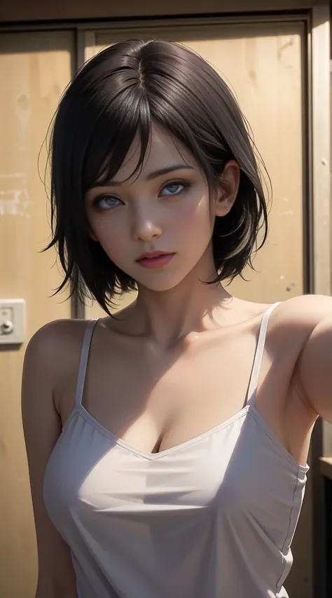 Best quality, masterpiece, ultra high res, (photorealistic:1.4), raw photo, 1girl walking taking selfie, in the dark, deep shadow, low key, cold light,short black hair,wearing white camisole,seducing eyes,beautiful breast,eyes on viewer