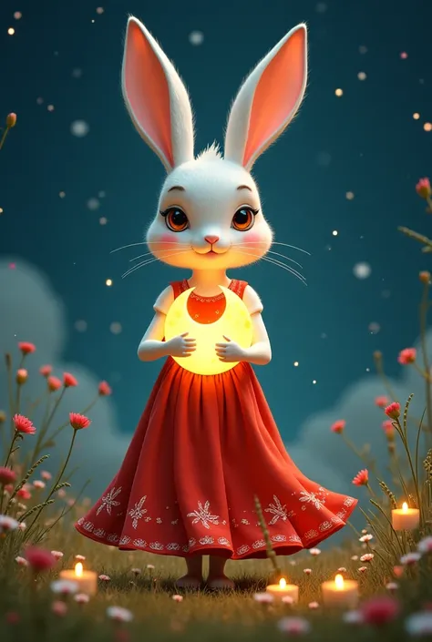 A beautiful bunny in red dress hold m00n in her hand 