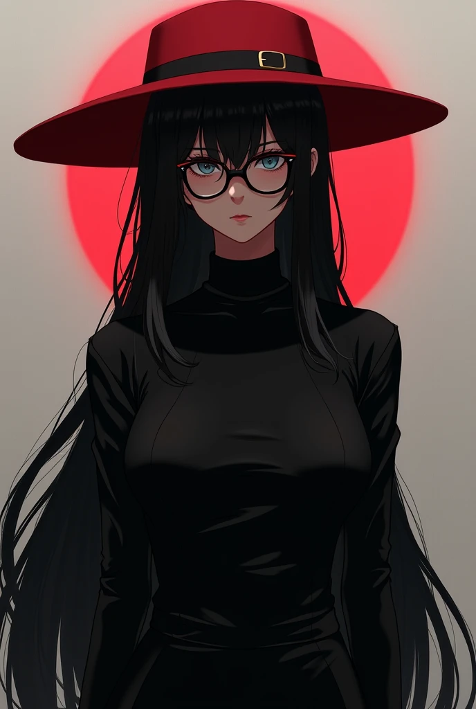 Black outfit,black hair,red hat,no face,with glases, girl anime style,no with body no big hat