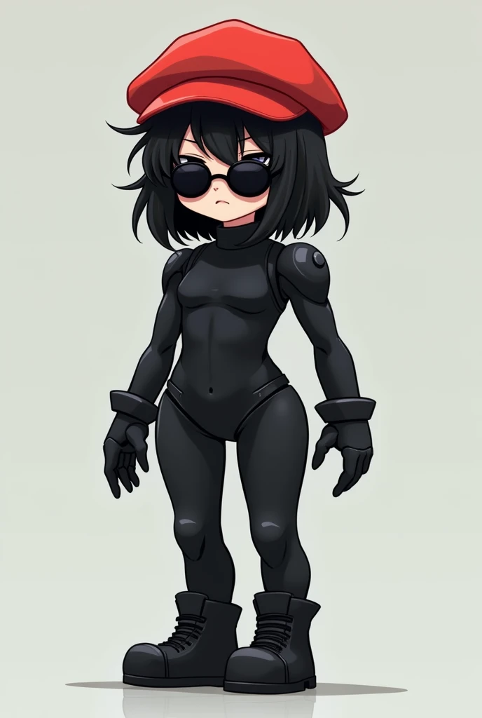 Black outfit,black hair,red hat,no face,with glases, girl anime style,no with body no big hat,roblox avatar