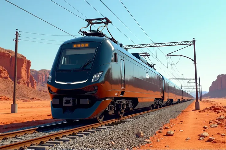 realistic, modern Cadillac car style diesel locomotive with sharp edges and small windows travelling through an orange rocky desert, telegraph poles near tracks, (((very long slender thin electric locomotive))),  pantograph, catenary wires overhead, clear ...