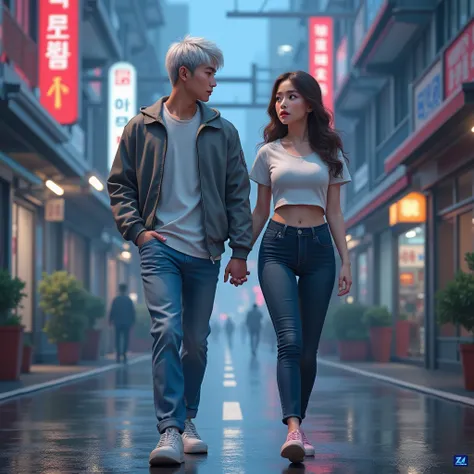 (PhotoRealism1.2), character 1: korean guy, 25 years old, silver haired, blue eyes, grey jacket, white shitt, blue clean jeans, white shoes. Character 2: korean woman, 25 years old, brown long hair, blue eyes, big breasts, white short shirt, dark jeans, pi...