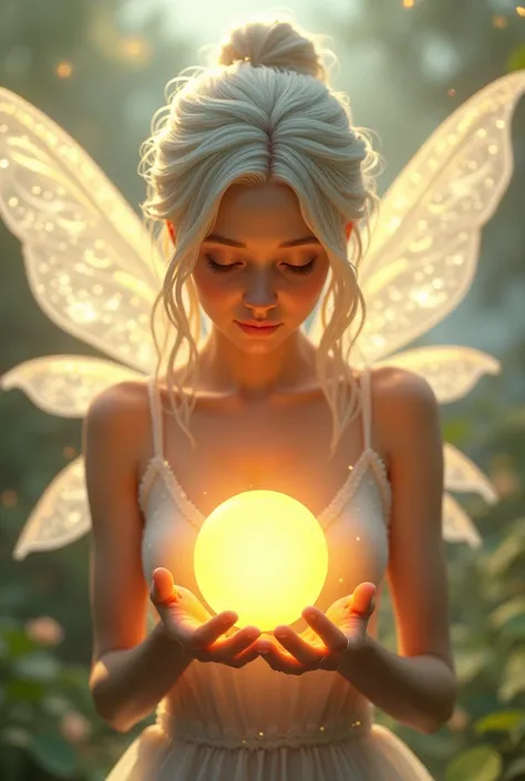 A fairy with white glittering feather hold a sun in her hand