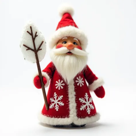 Miniature on white background, felt toy, cartoon, patterns. Russian smiling grandfather with long fluffy white beard and red cheeks. White fur hat. Red long fur coat decorated with large white frosty patterns with white fur trim. Red mittens. In his hand -...