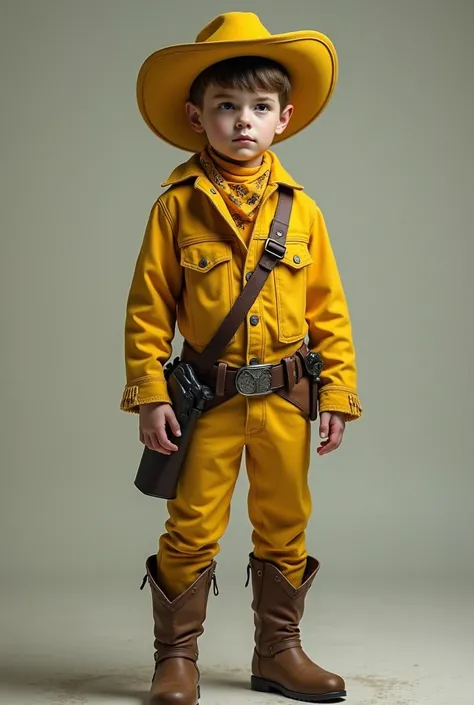 Handsome Ukrainian  TEEN BOY. FULL BODY picture. Superpower: DOLL. YELLOW COLORED SCARY COWBOY Costume. REALISTIC 