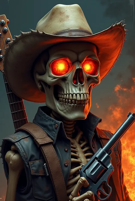 "A grim and dramatic death-metal poster-style illustration featuring a weathered skull with glowing, fiery eyes radiating an intense orange and red light. The skull wears a rugged, vintage cowboy hat tilted slightly forward, giving it a mysterious and dang...