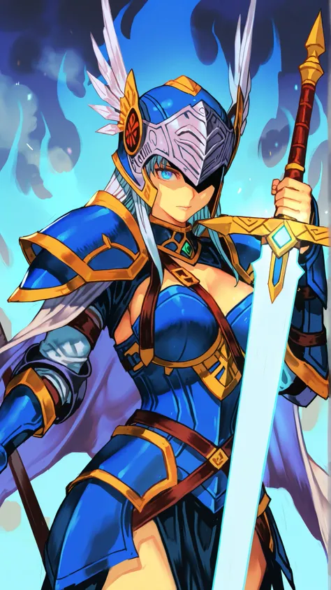 (in style of salmon88:0.4)),(in style of hungry clicker:1.5),
1girls,lenneth valkyrie,dventurers armor,(perky breasts:1.6),middle breasts,adventurer armor,Adventurers Cloak,blue fullface covered Spikes helmet,giant sword,covered face with sword,holding,sho...