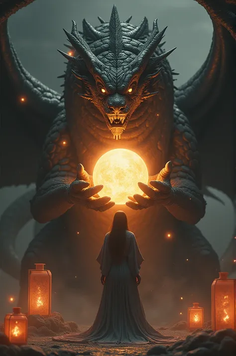 Create an ultra-high resolution (8K) hyperrealistic digital artwork depicting a large, intricately detailed dragon coiled around a person dressed in traditional attire. The person is holding a glowing orb, which serves as the primary focal point. The drago...