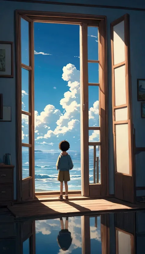 Dr aw a simple art in Tintinpixai style, un niño dentro de una habitacion viendo atraves de una ventana vertical largo,   amazing reflections, beautiful reflection, stunning photo, epic and impressive, crossing the blue horizon, beautiful anime peace scene...