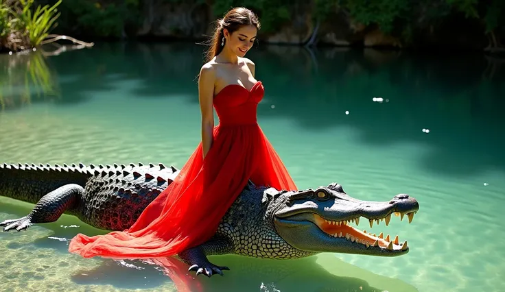 Create a dramatic scene of a confident and elegant full red dress  woman traversing a pristine, .transparent river.she has wearig a worrier dress. She gracefully steps on the back of a crocodile, its rough, textured scales contrasting with the smooth clari...