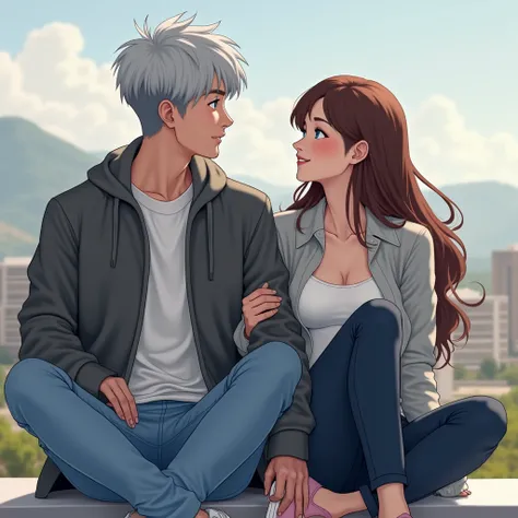 (PhotoRealism1.2), character 1: korean guy, 25 years old, silver haired, blue eyes, grey jacket, white shitt, blue clean jeans, white shoes. Character 2: korean woman, 25 years old, brown long hair, blue eyes, big breasts, white short shirt, dark jeans, pi...