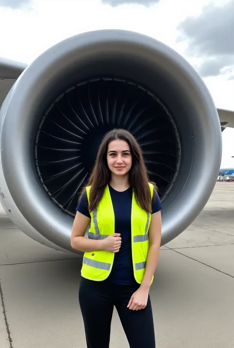 A photorealistic scene captures a young Turkish woman standing outdoors next to a colossal airplane engine placed on the tarmac of an expansive airfield. The engine, a towering marvel of aviation engineering, is scaled proportionally to emphasize its immen...