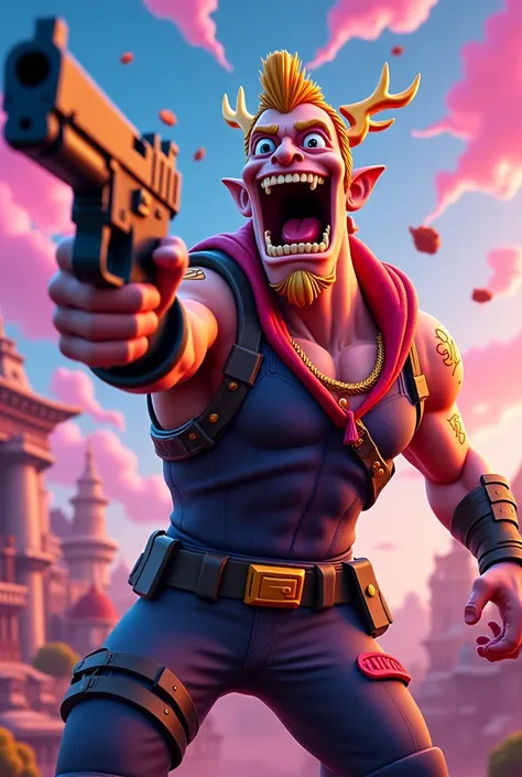 God Maniacally laughing pointing a gun in his hand in fortnite style 