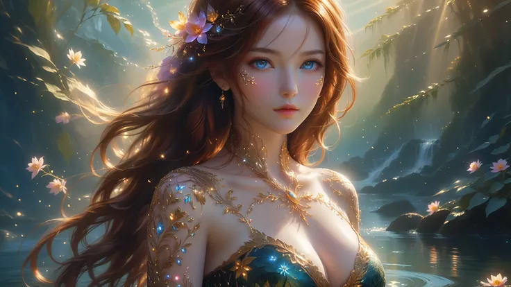 A Masterpiece In 32K Resolution, Supreme Quality, Super Detail, Official Art, Very High-Resolution 32K Wallpaper, Exquisite And Aesthetic, Ultra-Detailed Features, Awe-Inspiring Detail. A Mystical Landscape With Vibrant Flowers, Dancing Shadows, And Skin W...