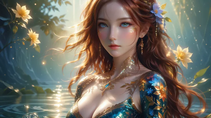 A Masterpiece In 32K Resolution, Supreme Quality, Super Detail, Official Art, Very High-Resolution 32K Wallpaper, Exquisite And Aesthetic, Ultra-Detailed Features, Awe-Inspiring Detail. A Mystical Landscape With Vibrant Flowers, Dancing Shadows, And Skin W...